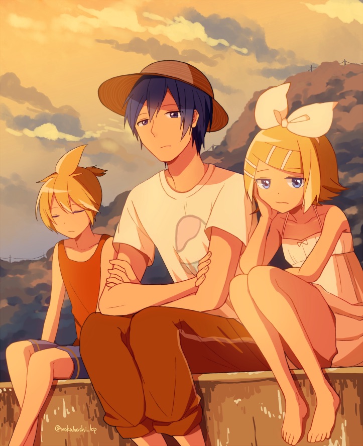 1girl, 2boys, barefoot, blonde_hair, blue_eyes, blue_hair, bored, bow
