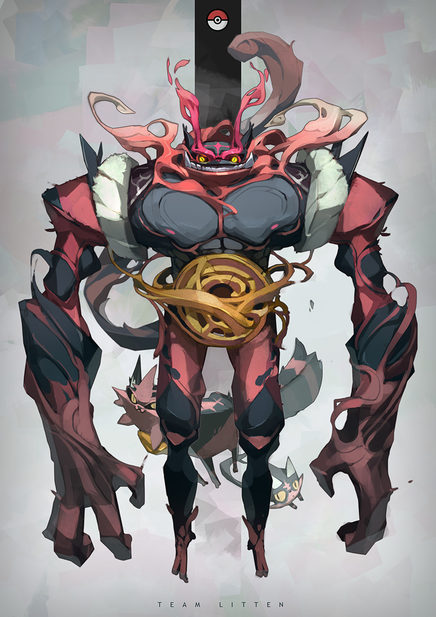 black_sclera, character_name, fangs, grey_background, grin, highres, incineroar, litten, looking_at_viewer, no_humans, poke_ball_print, pokemon, pokemon_(creature), pokemon_(game), pokemon_sm, slit_pupils, smile, tan_zhi_hui, teeth, torracat, yellow_eyes