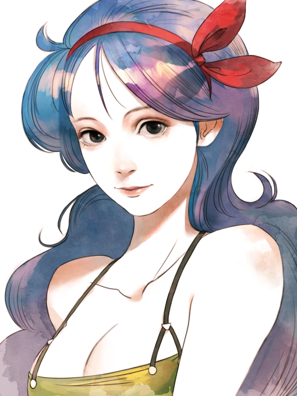 1girl, black_eyes, blue_hair, breasts, cleavage, collarbone, dragon_ball, hair_ribbon