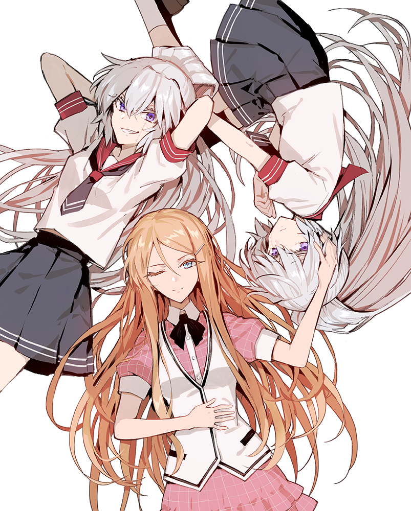3girls, :d, akuma_no_riddle, banba_mahiru, banba_shin'ya, blue_eyes, brown_hair, hair_ornament