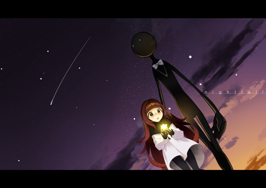 1girl, :o, arms_at_sides, bangs, black_gloves, black_legwear, blunt_bangs, bow