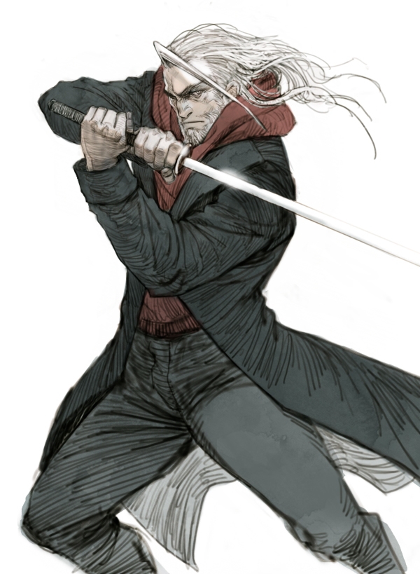 1boy, beard, coat, facial_hair, fighting_stance, grimace, hood, hoodie