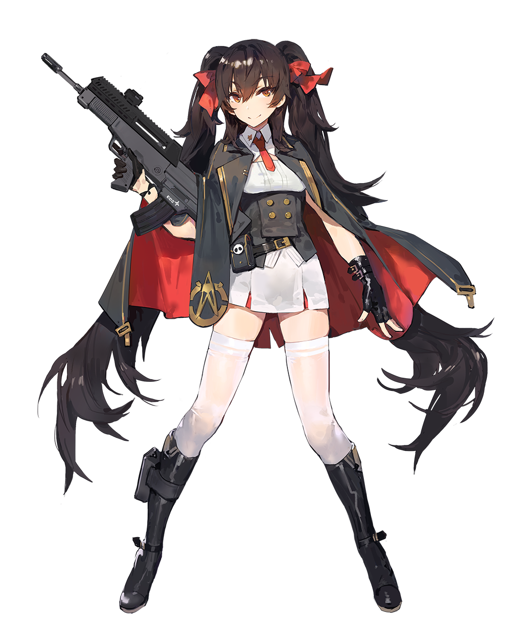 1girl, belt, black_gloves, black_hair, boots, boots_holster, brown_eyes, buttons