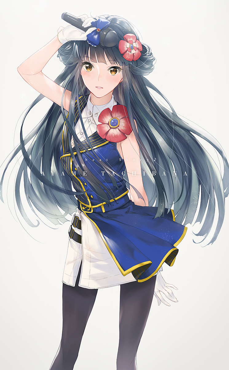 1girl, 8_beat_story, arm_up, bare_shoulders, black_hair, black_legwear, bow, brown_eyes, character_name, copyright_name, dress, ekao, flower, hair_flower, hair_ornament, highres, idol, long_hair, looking_at_viewer, microphone, multiple_girls, solo, tachibana_ayame_(8_beat_story), thigh-highs