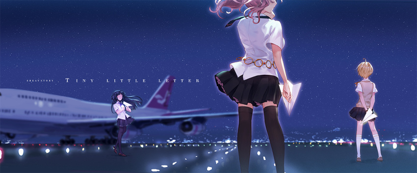 3girls, 8_beat_story, aircraft, airplane, black_hair, black_legwear, blonde_hair, bow