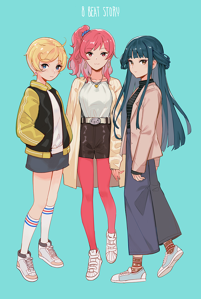 3girls, 8_beat_story, aircraft, airplane, black_hair, blonde_hair, blue_background, blue_eyes