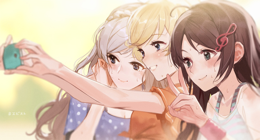 3girls, 8_beat_story, adjusting_hair, black_hair, blonde_hair, blue_eyes, cellphone, character_request, ekao, green_eyes, grin, hair_ornament, hashtag, kagura_akari, long_hair, multiple_girls, phone, see-through, self_shot, shirt, short_hair, silver_hair, smartphone, smile, sweat, tank_top, tied_shirt, treble_clef, v, wristband
