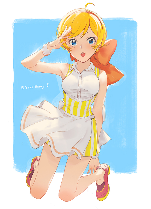 1girl, 8_beat_story, apron, arm_up, blonde_hair, blue_eyes, blush, bow