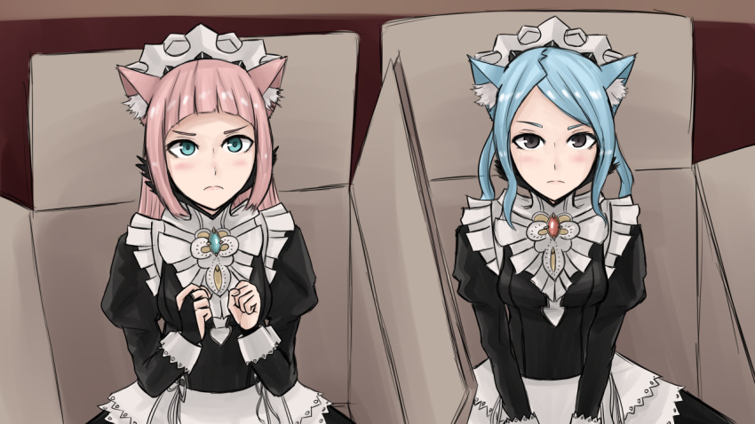 2girls, animal_ears, bangs, blue_eyes, blue_hair, blush, box, brown_eyes
