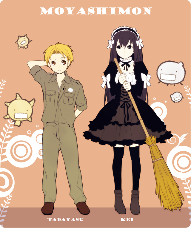 2boys, bamboo_broom, black_dress, black_hair, black_ribbon, blonde_hair, bow, broom