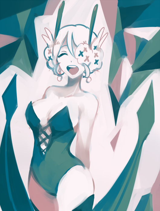 1girl, :d, ^_^, antennae, arms_behind_back, bangs, bare_arms, bare_shoulders