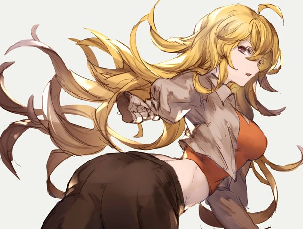 1girl, amputee, ass, blonde_hair, long_hair, rwby, solo, uirou, violet_eyes, yang_xiao_long