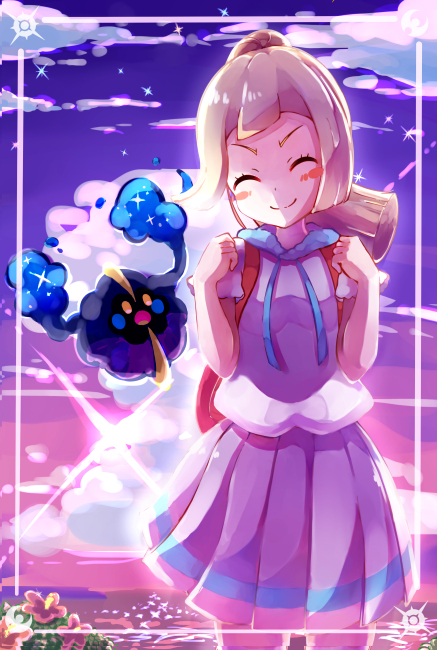 >:), 1girl, :o, backpack, bag, blonde_hair, blush, border
