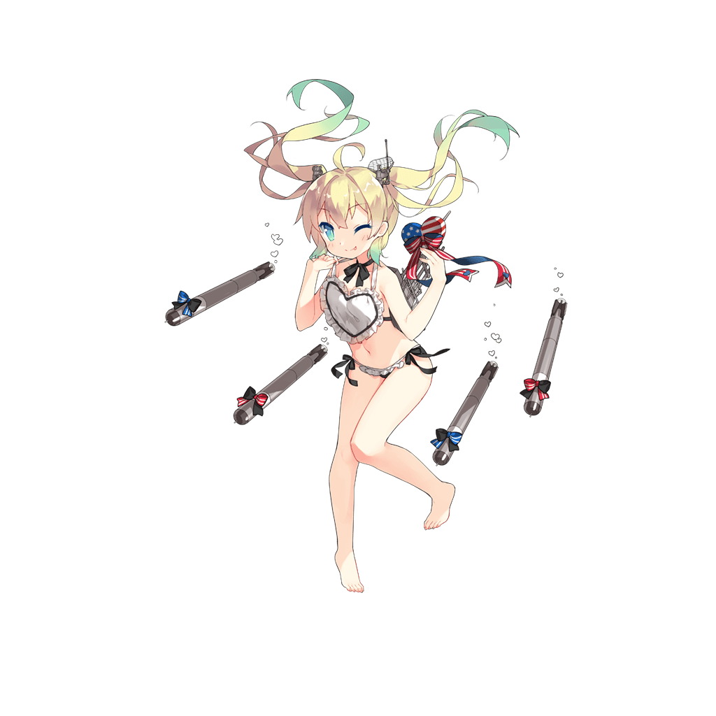 1girl, ;p, ahoge, albacore_(zhan_jian_shao_nyu), alternate_costume, american_flag, american_flag_print, apron, apron_tug, aqua_hair, barefoot, black_panties, black_ribbon, blonde_hair, blue_eyes, blush, bubble, choker, eyebrows_visible_through_hair, flag_print, frilled_apron, frills, gift, giftbox, holding, holding_gift, knees_together_feet_apart, long_hair, looking_at_viewer, machinery, multicolored_hair, navel, official_art, one_eye_closed, panties, ribbon, saru, side-tie_panties, solo, tongue, tongue_out, torpedo, transparent_background, twintails, two-tone_hair, underwater, underwear, white_apron, zhan_jian_shao_nyu