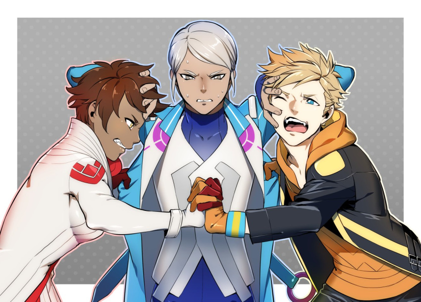 1boy, 2girls, androgynous, bangs, blanche_(pokemon), blonde_hair, blue_eyes, brown_eyes, brown_hair, candela_(pokemon), dark_skin, fangs, gloves, hood, hoodie, interlocked_fingers, jacket, long_hair, multiple_girls, open_clothes, open_jacket, open_mouth, orange_gloves, pokemon, pokemon_go, ponytail, pushing, pushing_away, short_hair, sidelocks, soul_(tamashii), spark_(pokemon), sweatdrop, swept_bangs, white_gloves, white_hair, yellow_eyes