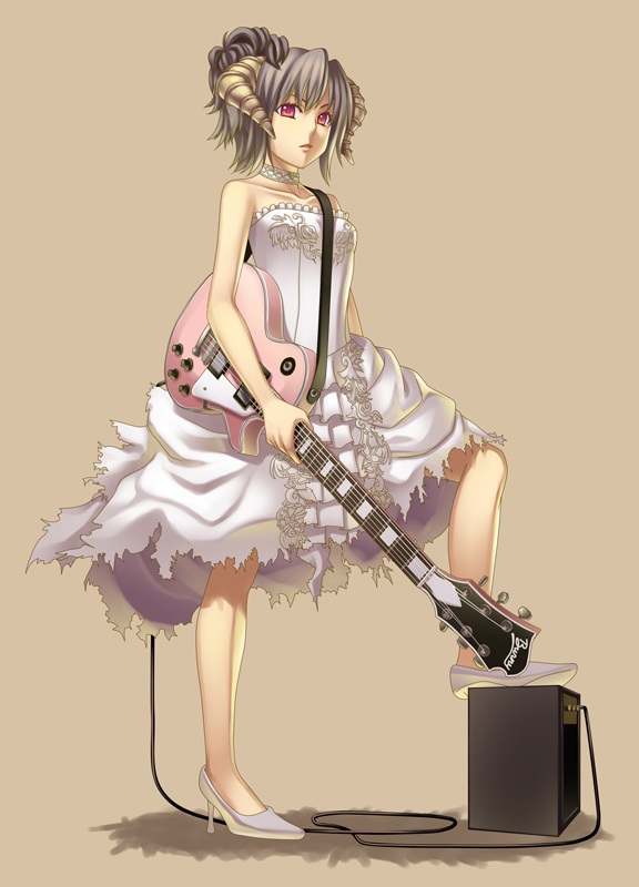 amp, brown_hair, dress, guitar, high_heels, horns, instrument, original