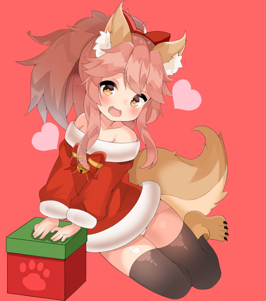 1girl, absurdres, animal_ears, bare_shoulders, black_legwear, box, christmas, dog_ears, dress, fang, fate/grand_order, fate_(series), fox_ears, highres, ichi_(nuksun12), long_hair, no_pants, open_mouth, panties, panty_peek, paw_shoes, pink_hair, ponytail, ribbon, santa_costume, shoes, sitting, smile, solo, strapless, strapless_dress, striped, striped_panties, tail, tamamo_(fate)_(all), tamamo_cat_(fate), thigh-highs, underwear