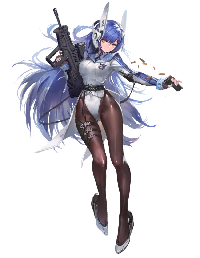 1girl, ammunition, assault_rifle, belt, black_legwear, blue_hair, bullpup, closed_mouth, eyebrows, full_body, girls_frontline, gluteal_fold, gun, hair_between_eyes, headgear, highleg, highleg_leotard, highres, holding, holding_gun, holding_weapon, imi_tavor_tar-21, impossible_clothes, impossible_leotard, leotard, leotard_under_clothes, long_hair, magazine_(weapon), official_art, orange_eyes, pantyhose, police, police_uniform, policewoman, rifle, smile, solo, strap, tar-21_(girls_frontline), transparent_background, trigger_discipline, uniform, very_long_hair, weapon