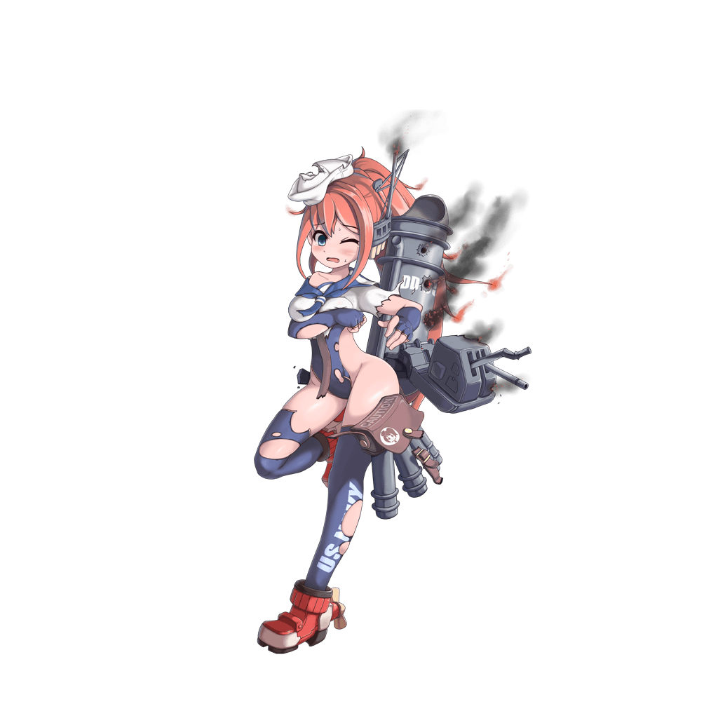 1girl, blue_eyes, blue_gloves, blue_legwear, blue_swimsuit, blush, breasts, broken, cannon, damaged, fang, fingerless_gloves, full_body, gloves, goggles_cat, hat, headgear, long_hair, long_sleeves, looking_at_viewer, machinery, official_art, one-piece_swimsuit, one_eye_closed, open_mouth, orange_hair, ponytail, porter_(zhan_jian_shao_nyu), propeller, radar, red_shoes, sailor_collar, sailor_hat, sailor_shirt, shirt, shoes, smoke, smokestack, solo, standing, standing_on_one_leg, sweat, swimsuit, text, thigh-highs, torn_clothes, torn_thighhighs, torpedo, transparent_background, turret, white_hat, white_shirt, zhan_jian_shao_nyu