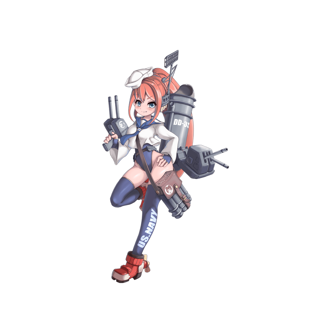 >:), 1girl, blue_eyes, blue_gloves, blue_legwear, blue_swimsuit, blush, breasts, cannon, fang, fingerless_gloves, full_body, gloves, goggles_cat, hand_on_hip, hat, headgear, holding, holding_weapon, long_hair, long_sleeves, looking_at_viewer, machinery, official_art, one-piece_swimsuit, orange_hair, ponytail, porter_(zhan_jian_shao_nyu), propeller, radar, red_shoes, sailor_collar, sailor_hat, sailor_shirt, shirt, shoes, smile, smokestack, solo, standing, standing_on_one_leg, swimsuit, text, thigh-highs, torpedo, transparent_background, turret, weapon, white_hat, white_shirt, zhan_jian_shao_nyu