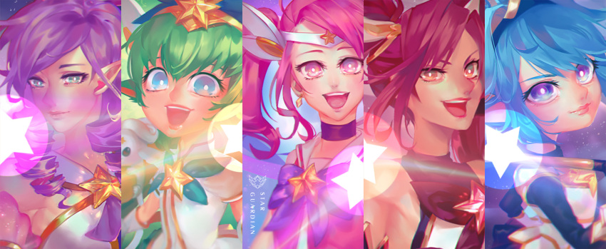 >:d, 5girls, :d, arm_guards, armor, backlighting, bangs, bare_shoulders