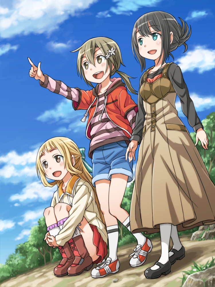 >:d, 3girls, :d, beige_shirt, black_hair, black_shirt, black_shoes, blonde_hair