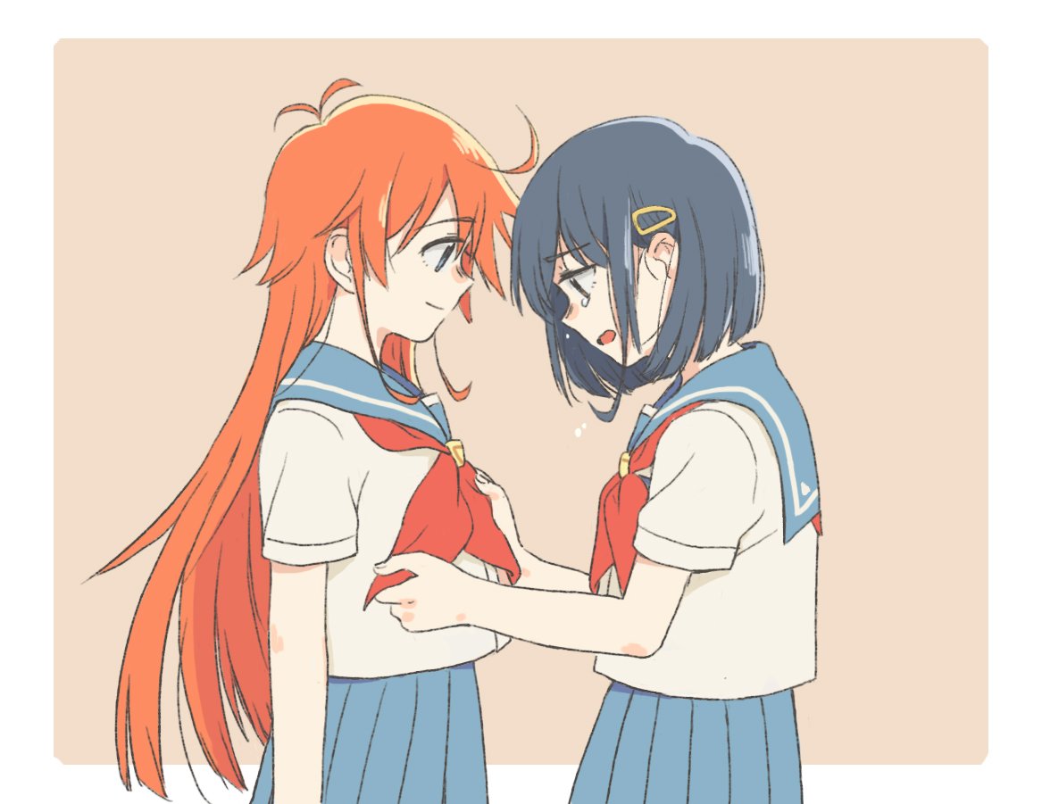 2girls, adjusting_another's_clothes, adjusting_clothes, adjusting_neckerchief, ahoge, antenna_hair, blue_eyes, blue_hair, brown_eyes, crying, eyebrows, eyelashes, female, fingernails, flip_flappers, hair_ornament, hairclip, head_down, kokomine_cocona, long_hair, looking_at_another, looking_down, multiple_girls, neckerchief, open_mouth, orange_hair, outside_border, papika_(flip_flappers), pink_background, plaid, plaid_skirt, profile, rou_tiao, sad, sad_smile, sailor_collar, school_uniform, serafuku, short_hair, short_sleeves, skirt, smile, tears, uniform, very_long_hair, wavy_mouth