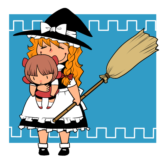 2girls, :<, apron, bangs, black_jack_(series), blonde_hair, bow, braid