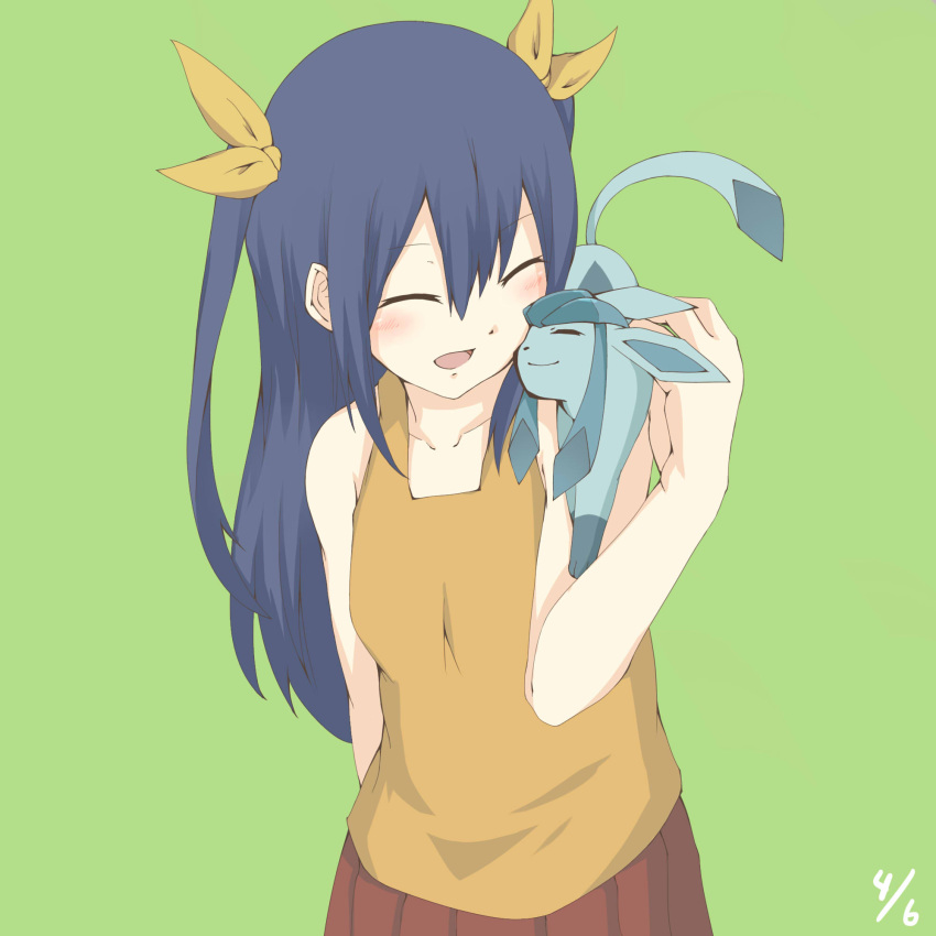 1girl, arute_arisu, blue_hair, closed_eyes, collarbone, fairy_tail, female, glaceon