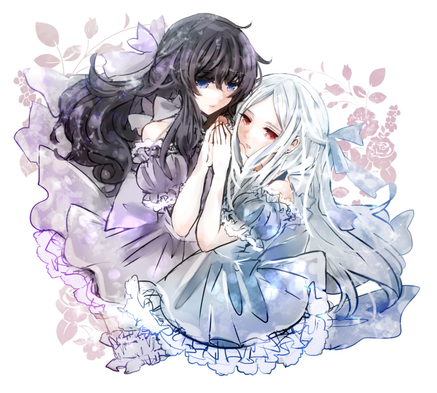 2girls, albino, bangs, bare_shoulders, blue_eyes, bow, brown_hair, dress