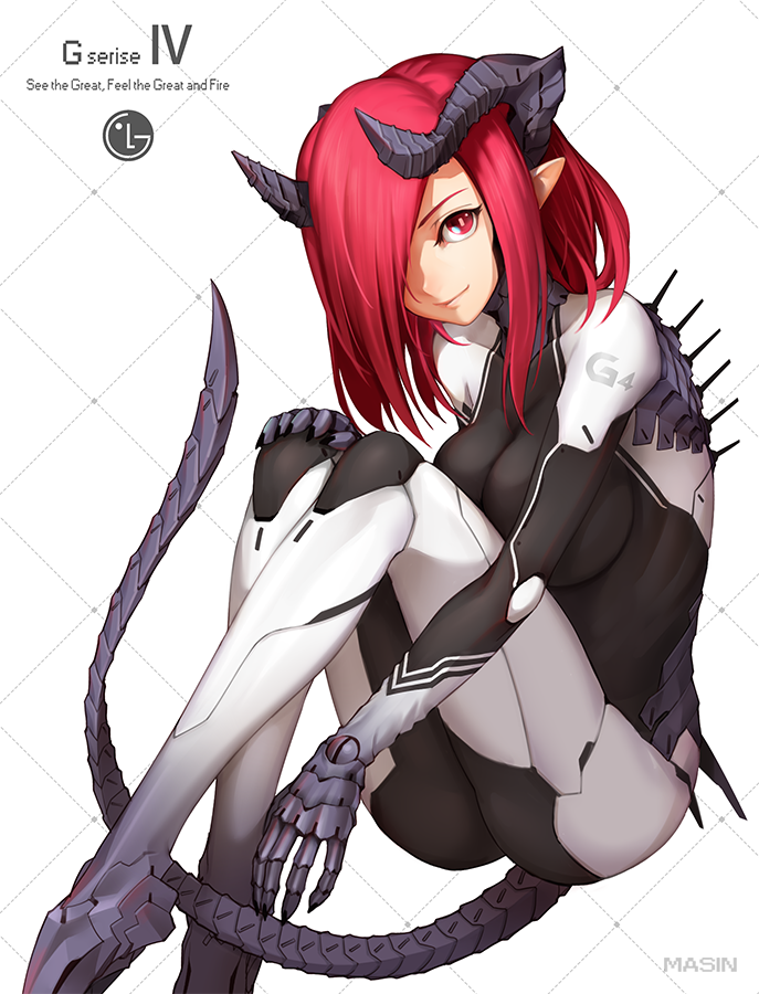 1girl, ass, hair_over_one_eye, horns, lg_electronics, looking_to_the_side, masin0201, pointy_ears