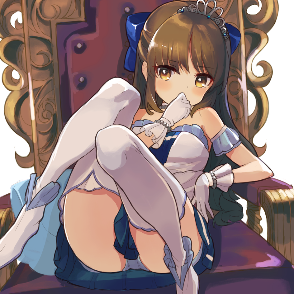 1girl, armchair, bangs, bare_shoulders, bead_bracelet, beads, blue_bow, blue_skirt, blush, boots, bow, bracelet, brown_eyes, brown_hair, chair, corset, covered_mouth, gloves, hair_bow, half_updo, hand_to_own_mouth, idolmaster, idolmaster_cinderella_girls, idolmaster_cinderella_girls_starlight_stage, jewelry, leaning_back, long_hair, looking_at_viewer, panties, pantyshot, pantyshot_(sitting), pleated_skirt, simple_background, sitting, skirt, solo, starry_sky_bright, tachibana_arisu, tetsujin_momoko, thigh-highs, tiara, underwear, white_background, white_gloves, white_legwear