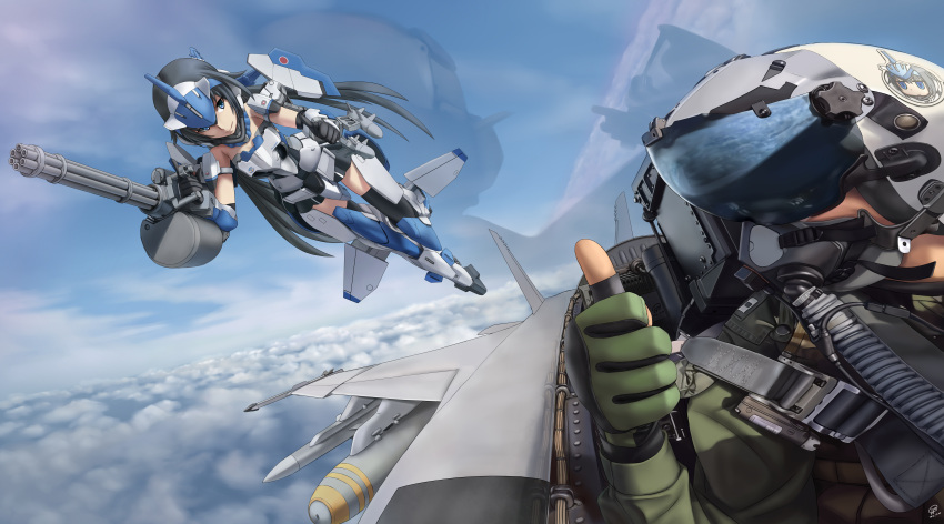 1girl, absurdres, aircraft, airplane, armor, black_hair, blue_eyes, canopy