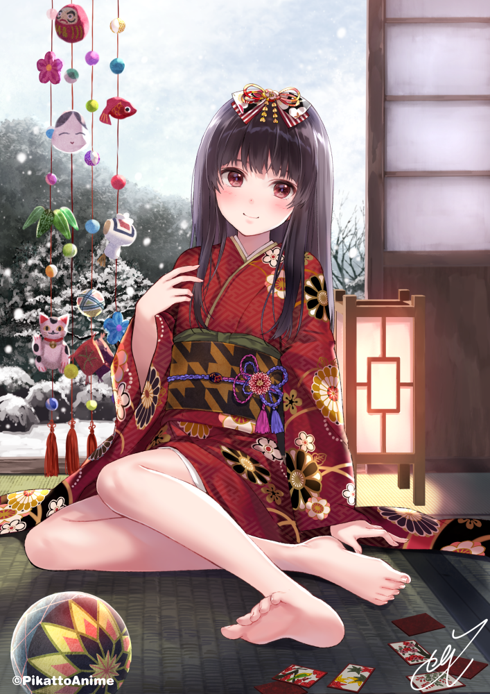 1girl, architecture, arm_support, bangs, barefoot, black_hair, blush, bow