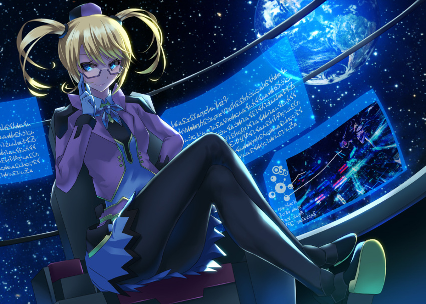 1girl, black_legwear, blazer, blonde_hair, blue_eyes, blue_skirt, din_(flypaper), glasses