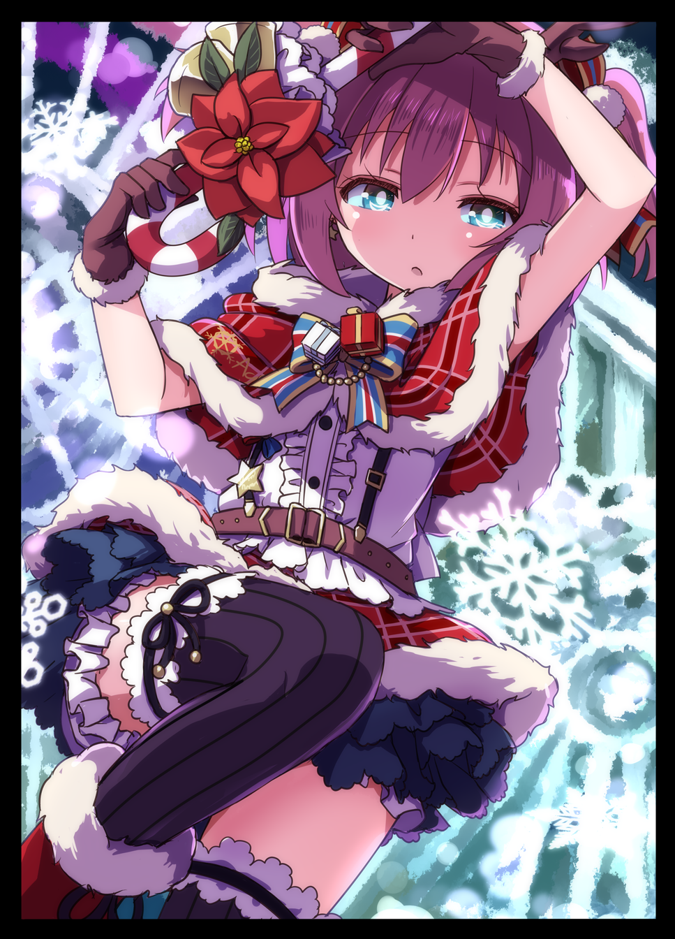 1girl, aqua_eyes, bangs, belt, black_border, border, bow, bowtie, box, candy, candy_cane, center_frills, commentary_request, flower, food, fur-trimmed_boots, fur-trimmed_gloves, fur_trim, gift, gift_box, highres, jingle_bells_ga_tomaranai, kurosawa_ruby, looking_at_viewer, love_live!, love_live!_sunshine!!, poinsettia, pom_pom_(clothes), redhead, ribbon, shikei_(jigglypuff), skirt, snowflakes, solo, striped, striped_bow, striped_bowtie, striped_legwear, suspenders, thigh-highs, thigh_ribbon, two_side_up, vertical-striped_legwear, vertical_stripes