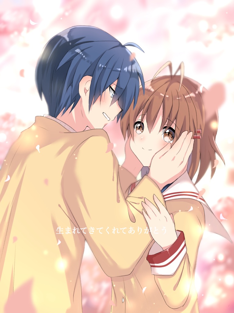 1boy, 1girl, antenna_hair, blue_eyes, blue_hair, brown_eyes, brown_hair, clannad, couple, daamiyan, eye_contact, furukawa_nagisa, hands_on_another's_cheeks, hands_on_another's_face, looking_at_another, okazaki_tomoya, sailor_collar, school_uniform, short_hair, smile