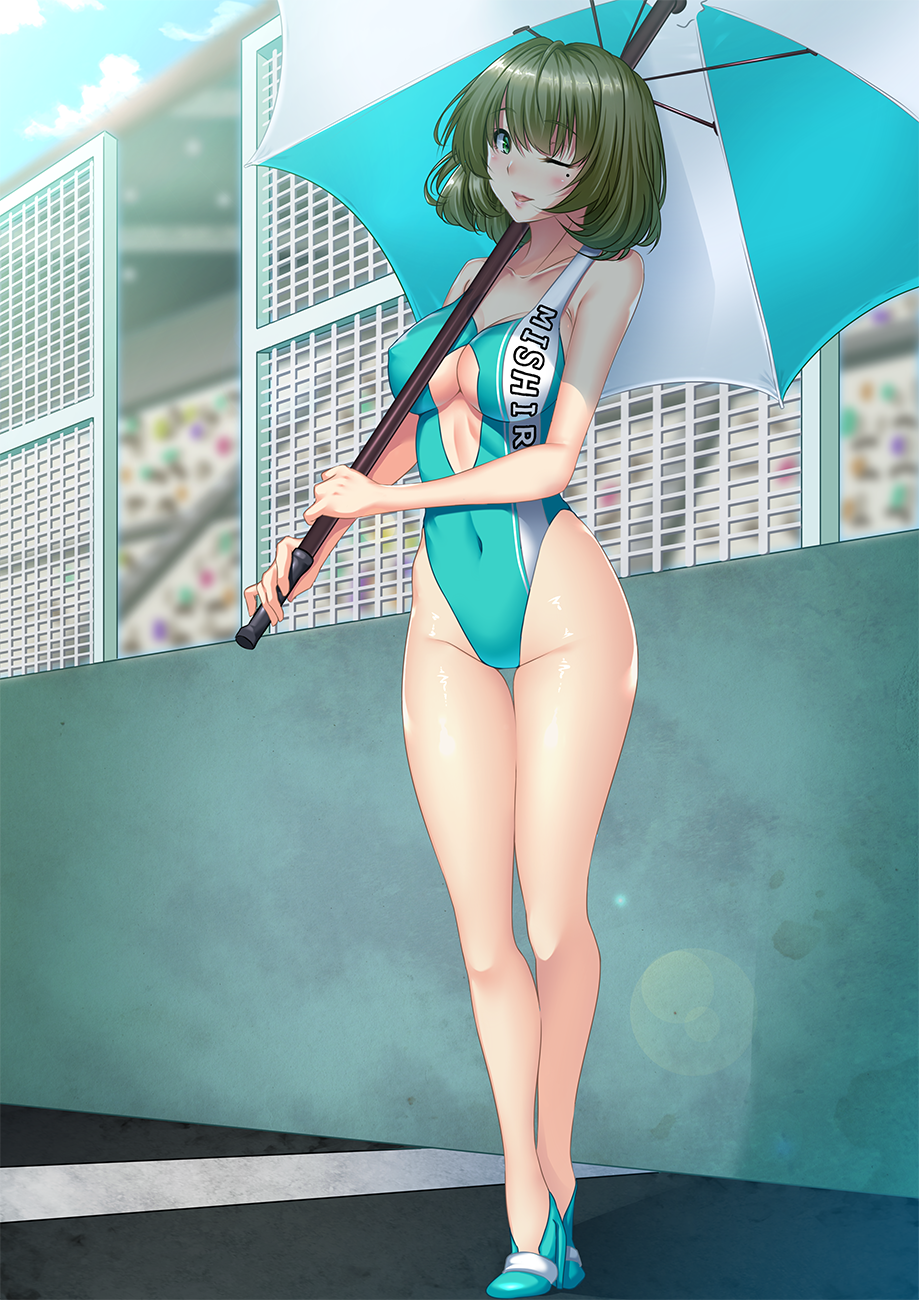 1girl, ame_isshiki, aqua_leotard, aqua_swimsuit, blue_eyes, cleavage_cutout, clothes_writing, fence, green_eyes, heterochromia, high_heels, highleg, highleg_leotard, highleg_swimsuit, highres, idolmaster, idolmaster_cinderella_girls, leotard, mole, mole_under_eye, one_eye_closed, racequeen, short_hair, standing, swimsuit, takagaki_kaede