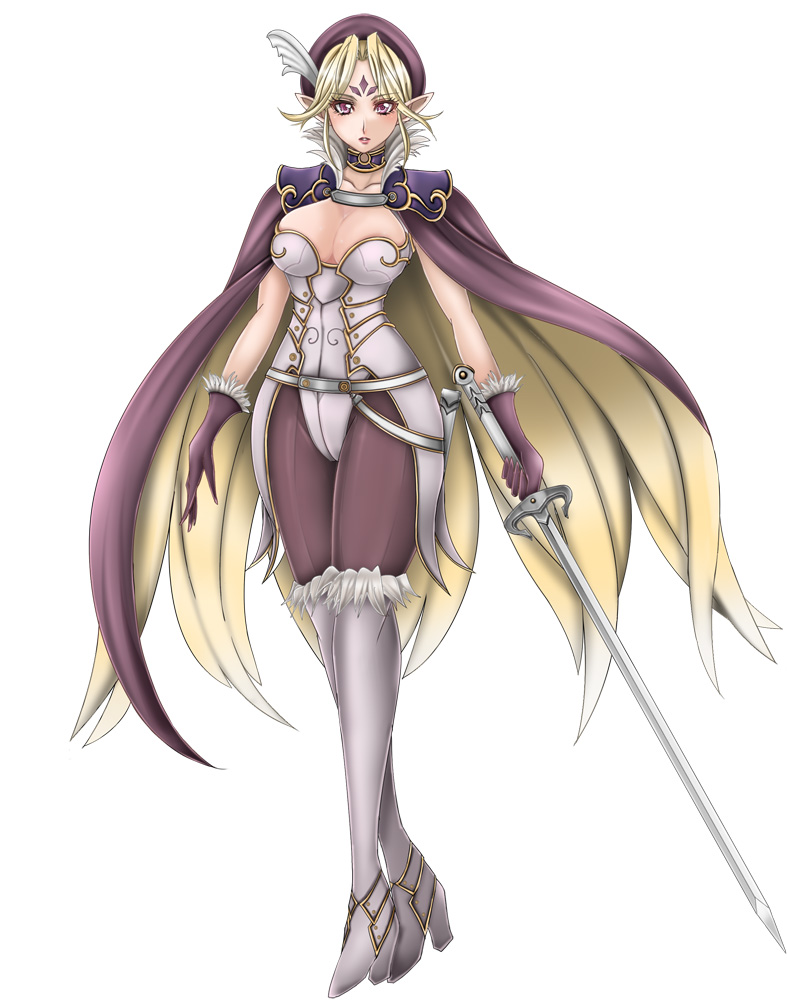 1041_(pixiv), 1girl, beret, boots, breasts, cape, cleavage, elf