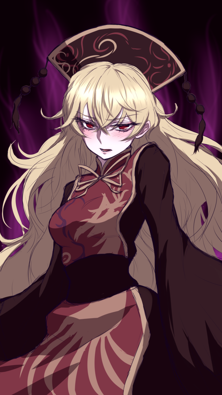 1girl, bangs, black_dress, blonde_hair, blush, breasts, china_dress, chinese_clothes