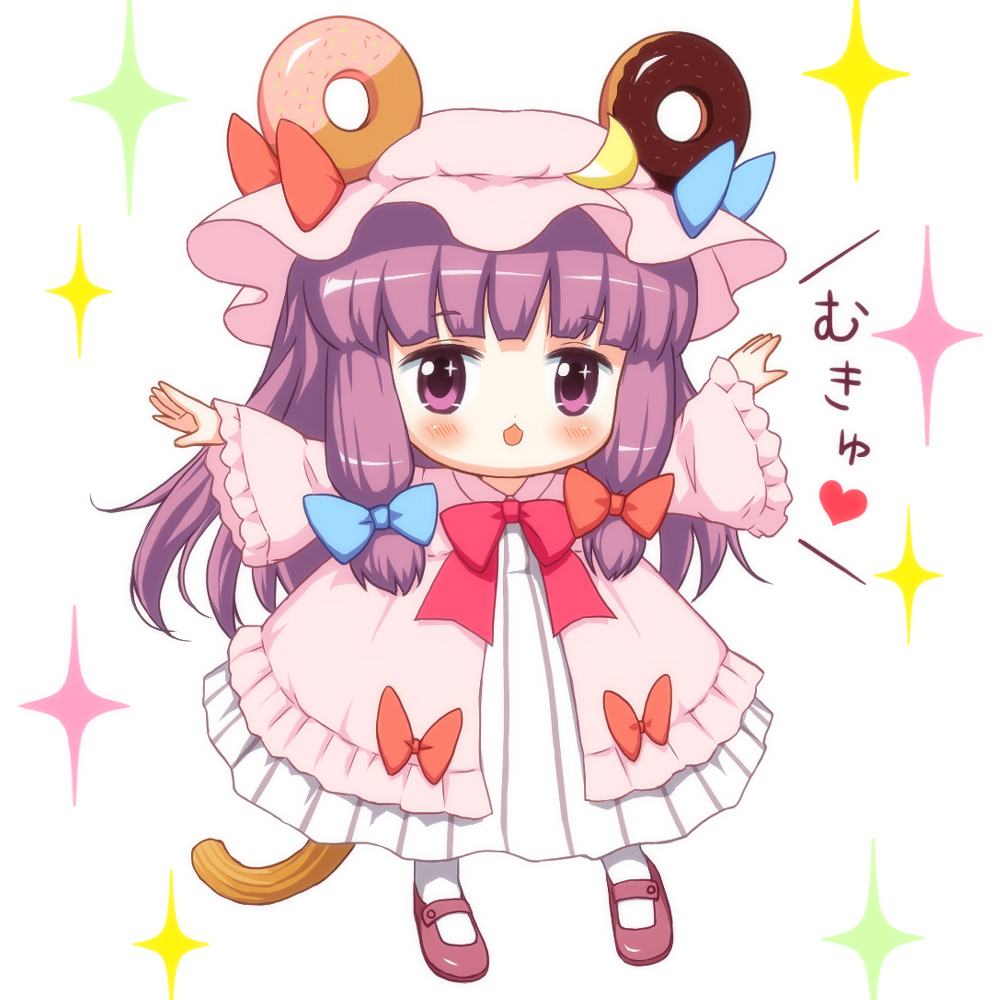 1girl, :3, animal_ears, bebeneko, chibi, doughnut, food, hat