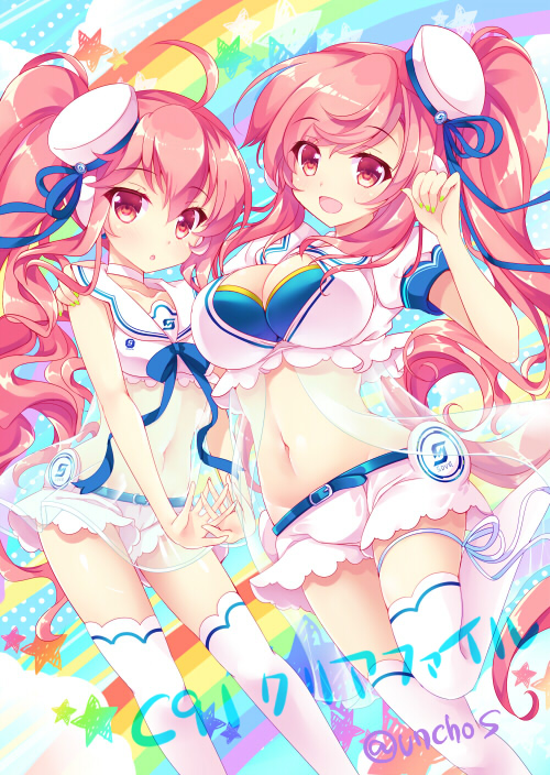 2girls, :d, breasts, choker, cleavage, curly_hair, grace_(sound_voltex), hinata_momo