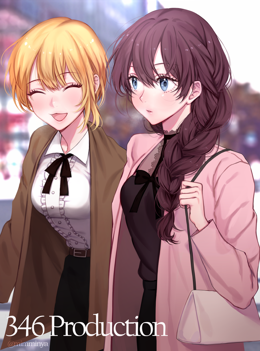 2girls, bag, blonde_hair, blue_eyes, braid, breasts, brown_hair, closed_eyes
