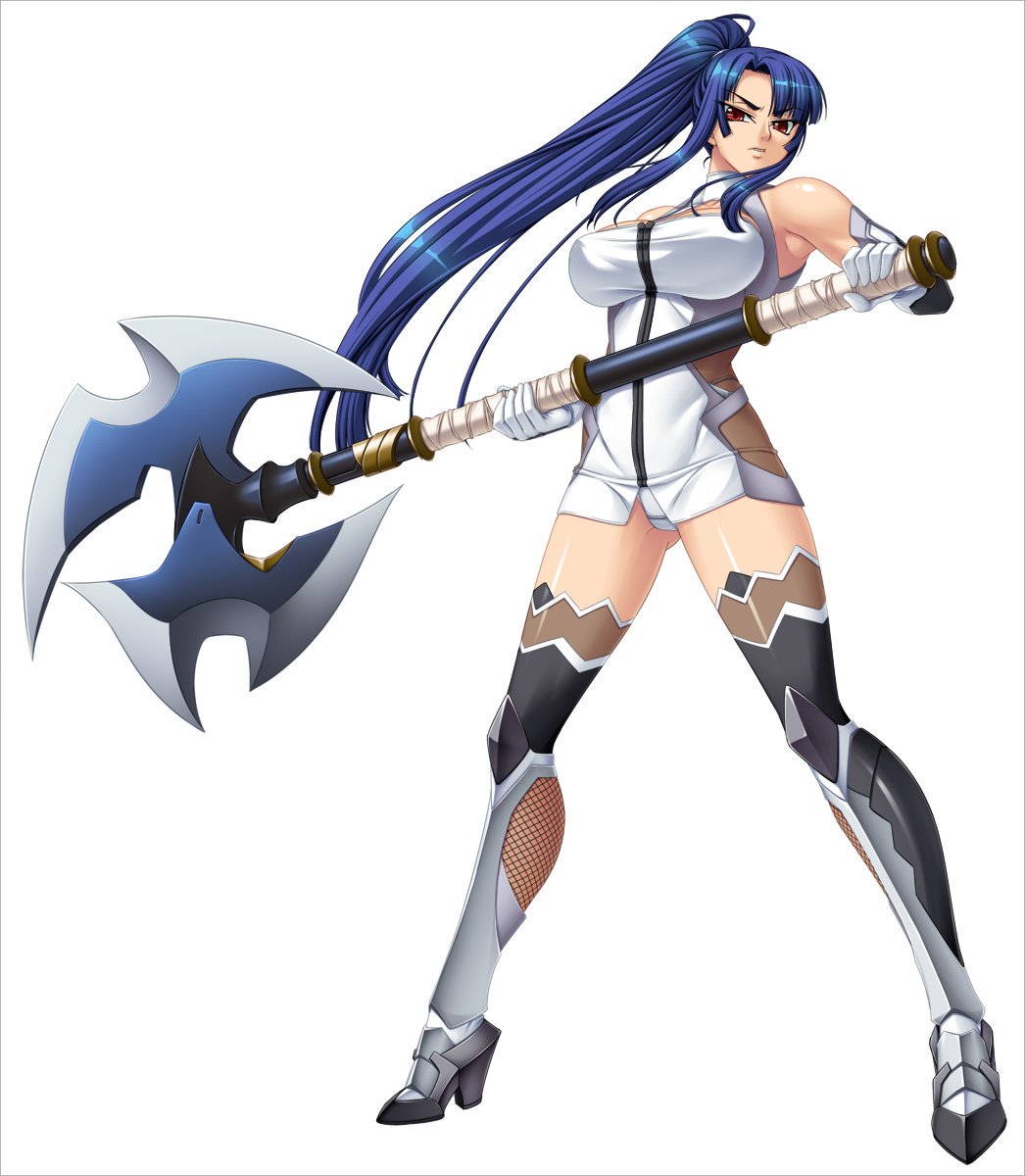 1girl, axe, bare_shoulders, battle_axe, blue_hair, bodysuit, boots, breasts