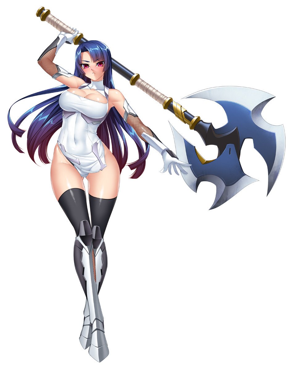 1girl, axe, bare_shoulders, battle_axe, black_legwear, blue_hair, bodysuit, boots, breasts, cleavage, curvy, dress, elbow_gloves, female, full_body, gloves, highres, holding, holding_weapon, huge_weapon, kagami_hirotaka, large_breasts, long_hair, looking_at_viewer, no_bra, panties, pelvic_curtain, ponytail, red_eyes, short_dress, simple_background, solo, standing, taimanin_(series), taimanin_asagi, taimanin_murasaki, thigh-highs, underwear, weapon, yatsu_murasaki