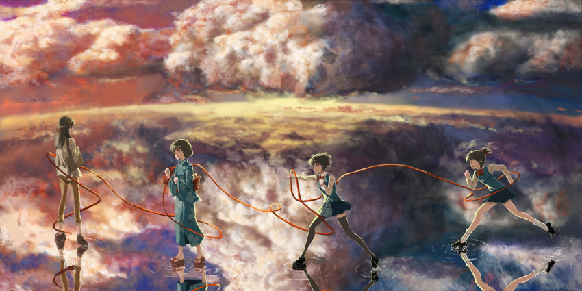 4girls, absurdres, age_progression, commentary, crying, crying_with_eyes_open, hair_ribbon, highres