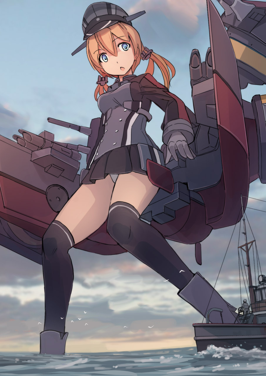 1boy, 1girl, anchor_hair_ornament, blue_eyes, eyebrows_visible_through_hair, from_below, giantess, gloves, grey_legwear, grey_skirt, hair_between_eyes, hair_ornament, hat, highres, kantai_collection, long_sleeves, looking_down, machinery, ocean, panties, pantyshot, pantyshot_(standing), peaked_cap, pleated_skirt, prinz_eugen_(kantai_collection), rudder, seo_tatsuya, skirt, sky, solo_focus, standing, thigh-highs, torpedo, turret, twintails, underwear, white_gloves, white_panties