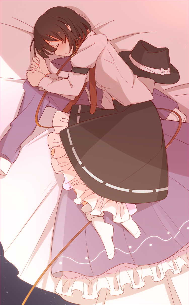1girl, armband, bed_sheet, black_hat, black_skirt, blush, bow, brown_hair