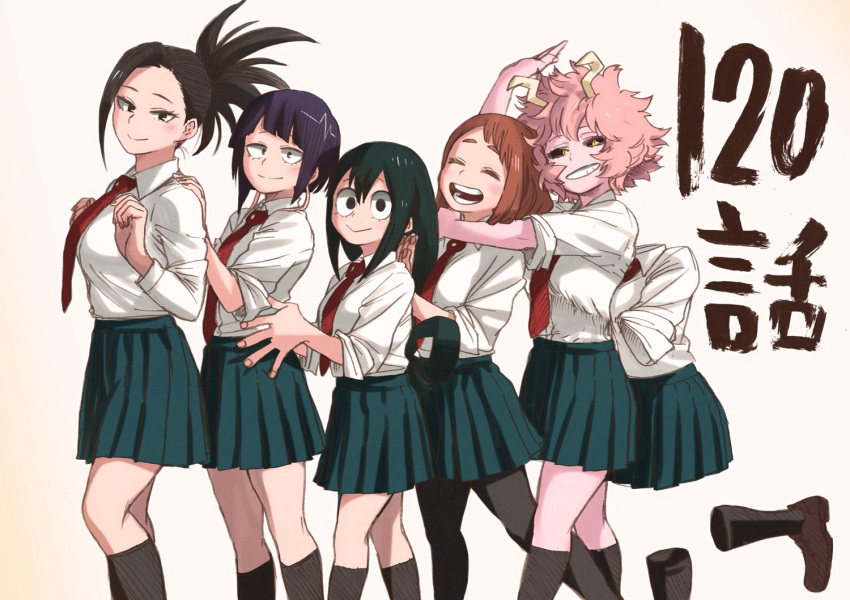 6+girls, ^_^, ashido_mina, asui_tsuyu, black_hair, black_legwear, black_sclera, blush