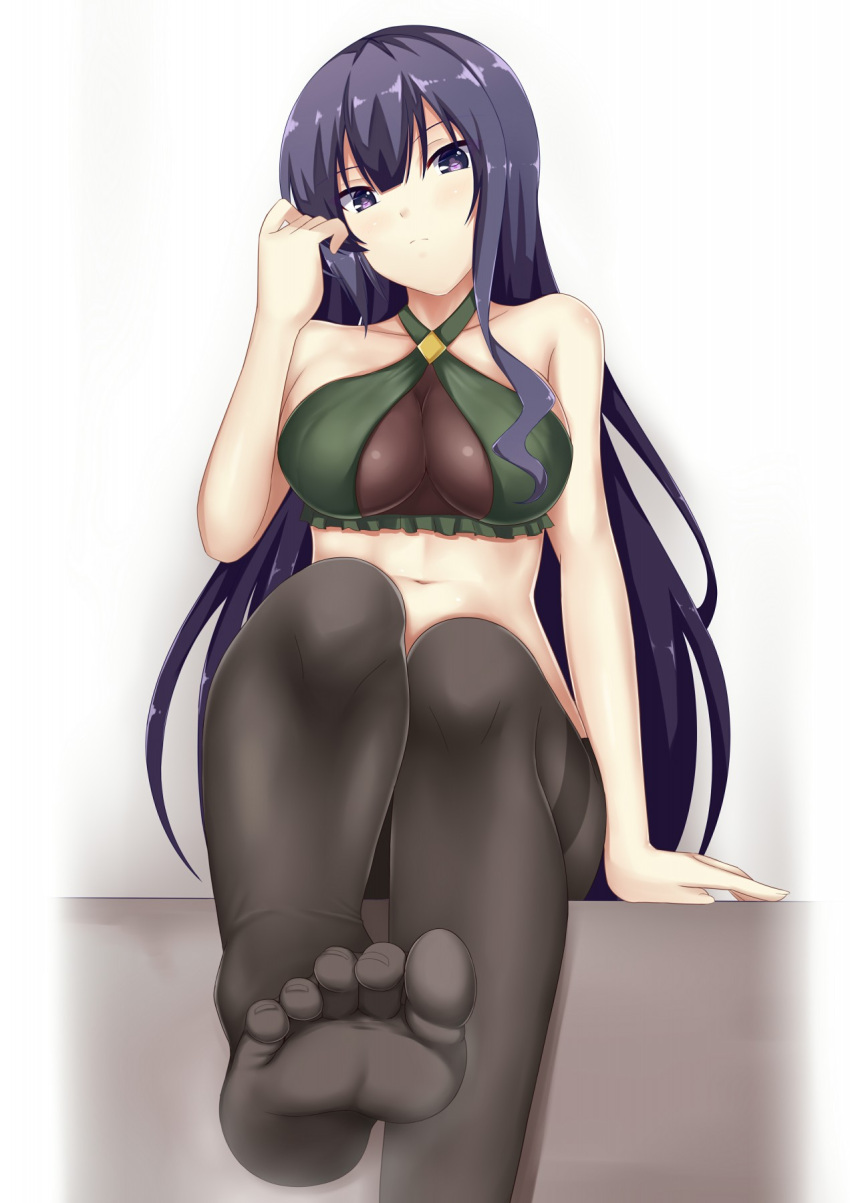 1girl, bare_shoulders, black_legwear, collarbone, criss-cross_halter, crop_top, feet, girlish_number